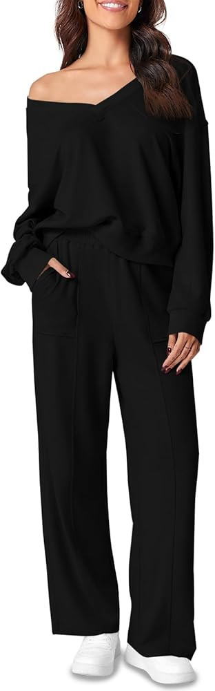 Fiosew Womens 2 Piece Sweat Set Workout V Neck Sweatshirt Pocketed SweatPants Casual Sport Tracks... | Amazon (US)