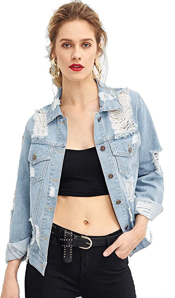 Floerns Women's Causal Long Sleeve Wash Distressed Jean Denim Jacket | Amazon (US)