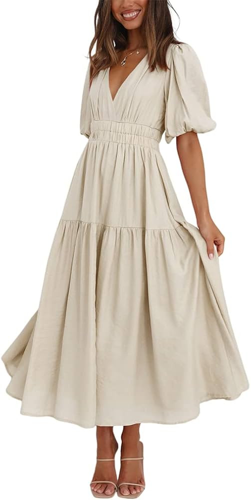 HOULENGS Women's Deep V Neck Puff Short Sleeve Tiered Dress Elastic High Waist Flowy A Line Midi ... | Amazon (US)
