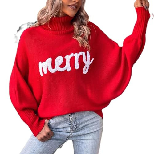 MOBJVIY Women's Merry Christmas Sweater Turtleneck Bigger Sleeves Sweatshirts Ladies Holiday Festival Pullover Sweater (Red, M) | Amazon (US)