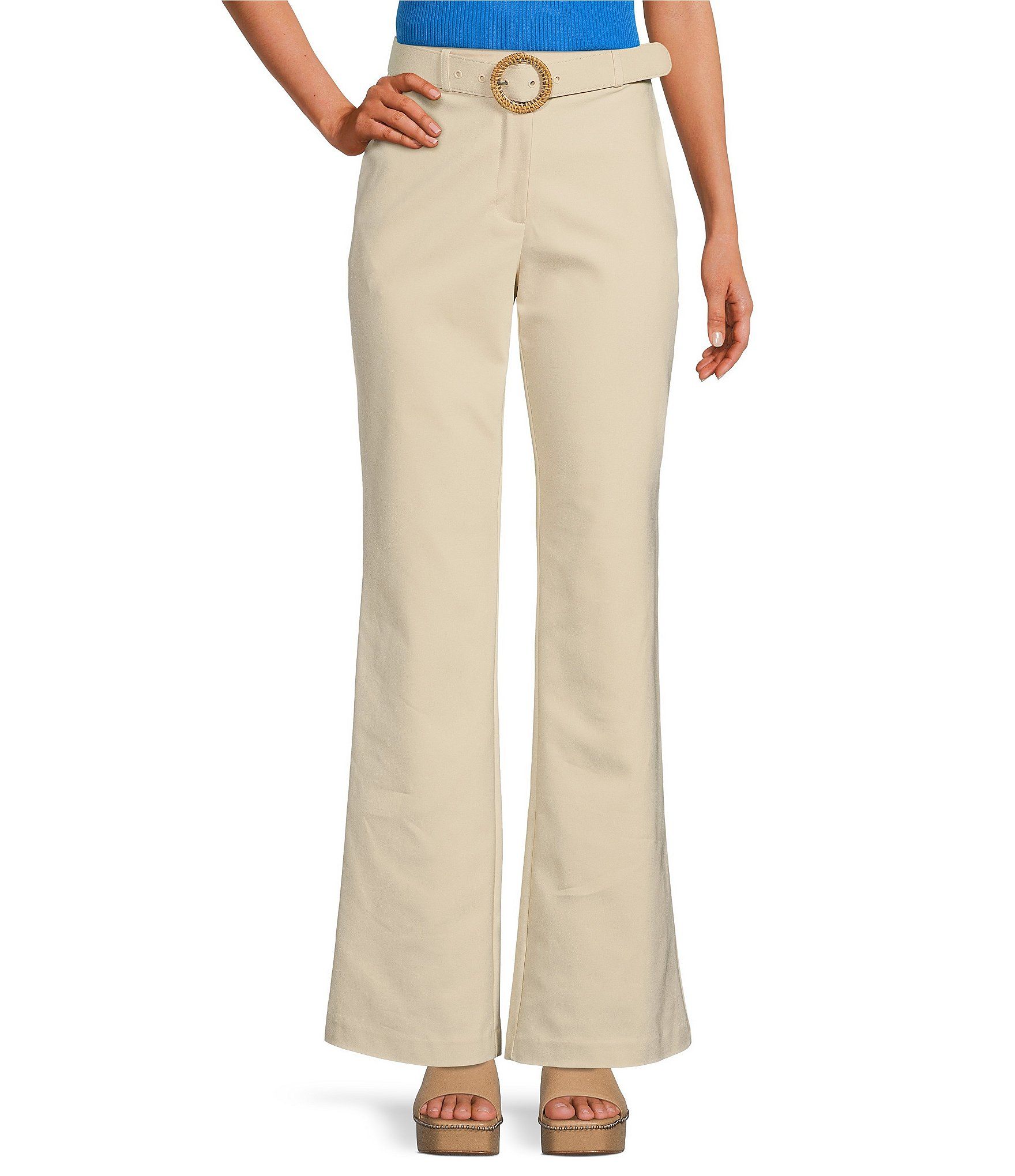 Stretch Flat Front Pleated Flare Leg Belted Pants | Dillard's