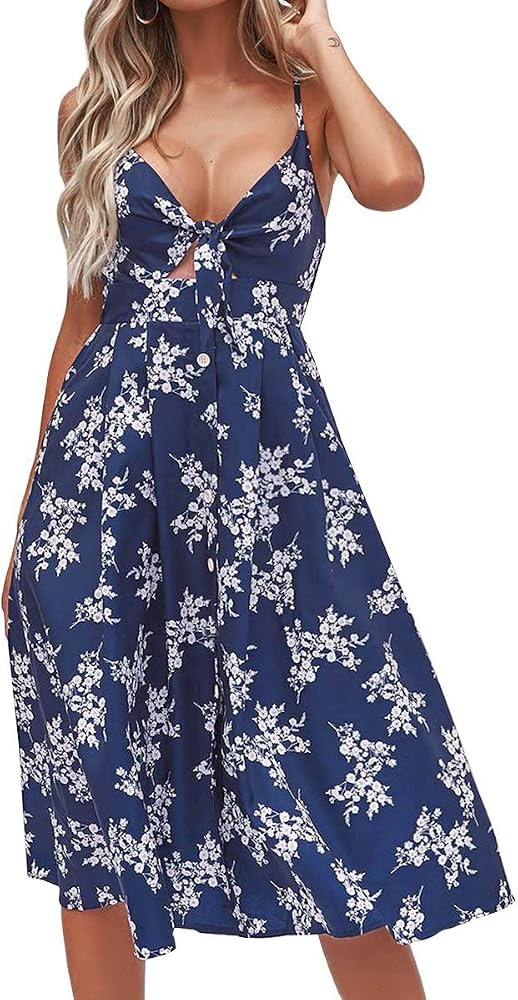 FANCYINN Womens Tie Front Button Down A-Line Dresses Summer Spaghetti Strap Midi Dress Floral Pri... | Amazon (US)