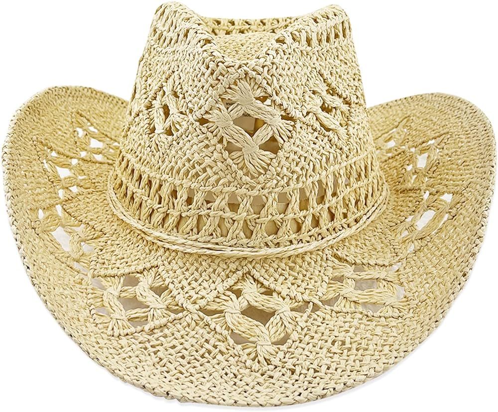 Women Straw Cowboy Hats, Sparkly Western Cowgirl Hat for Party, Foldable Vacation Beach Sun Hat with Wide Brim for Summer | Amazon (US)