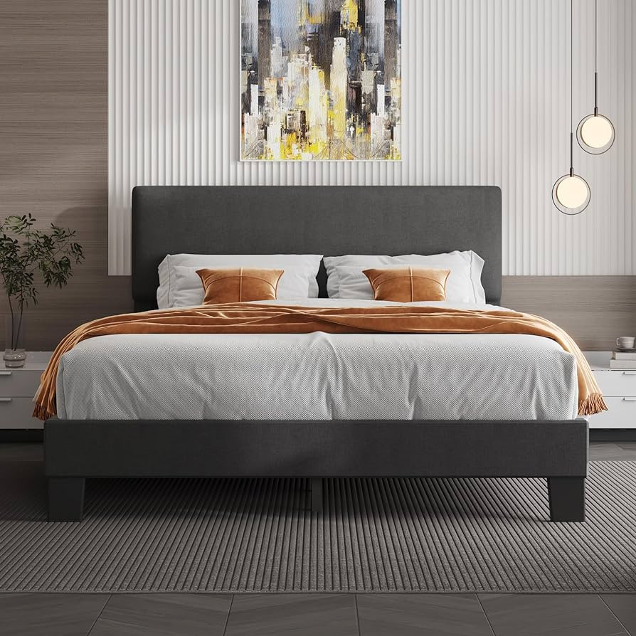 Queen Bed Frame with Headboard,Linen Upholstered Bed Frame with Wood Slats Support,No Box Spring ... | Amazon (US)