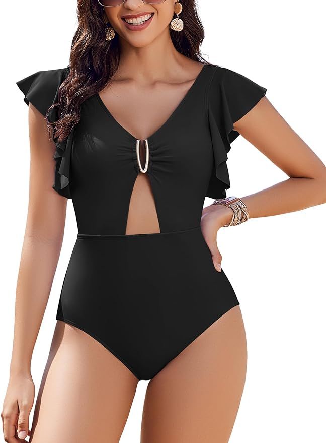 AI'MAGE Womens V Neck One Piece Swimsuit Cutout Tummy Control Ruffle Swimming Suit | Amazon (US)