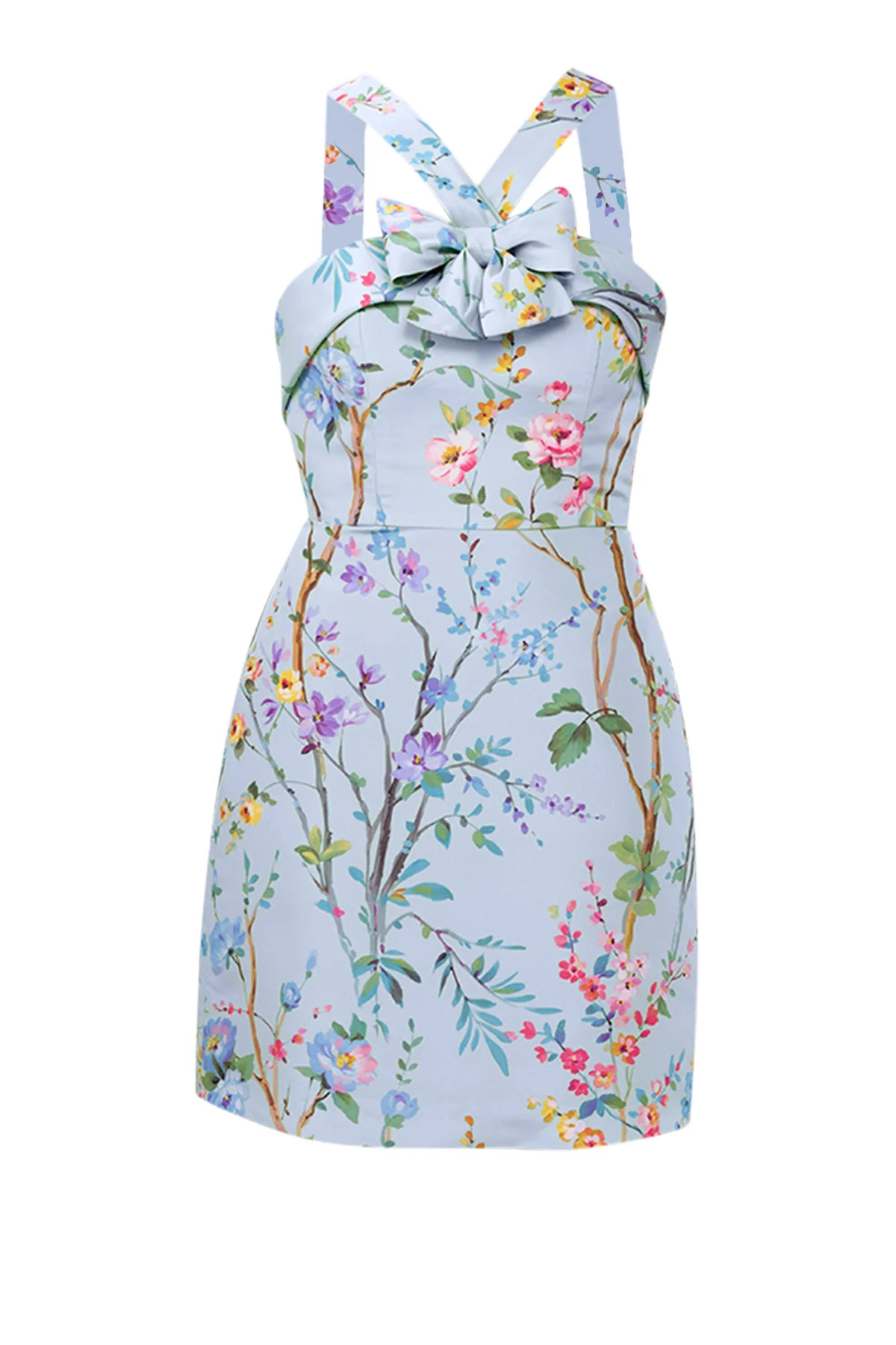 Lily Garden Reverie Silk Faille Mini Dress in Light Blue Floral | Over The Moon