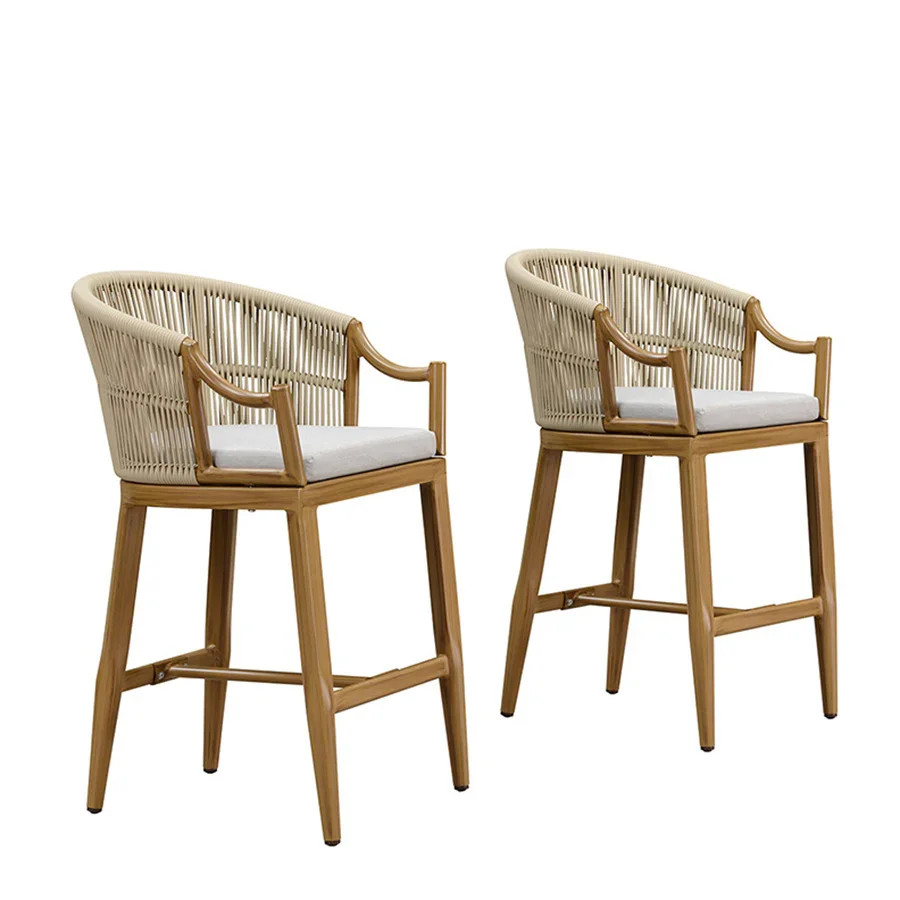 PURPLE LEAF Patio Bar Stools Set of 2 Outdoor Wicker Modern High Bar Chairs Metal Cushioned Barst... | Purple Leaf