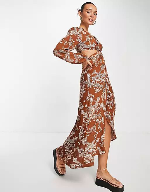 River Island cut out detail maxi dress in brown floral paisley print | ASOS (Global)