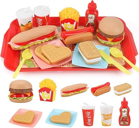 Pretend Play Food Set for Children,Removable Fast Food Playset with Tray Hamburger Hotdog Fries C... | Amazon (US)