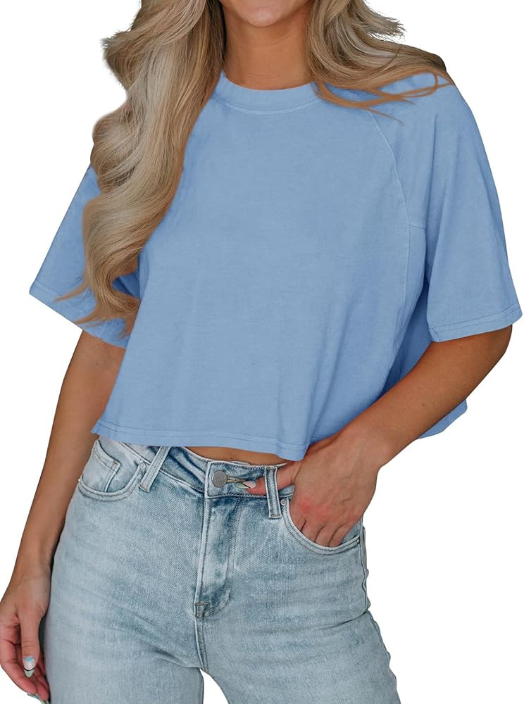 Tankaneo Womens Casual Half Sleeve Cropped T-Shirts Summer Crop Tops Solid Color Round Neck Basic... | Amazon (US)