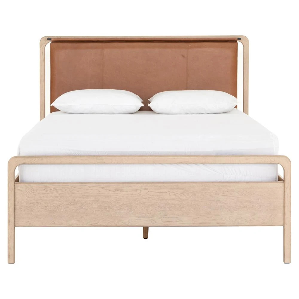 Matthew Modern Classic Brown Upholstered Leather Beige Oak Wood Bed - Queen | Kathy Kuo Home