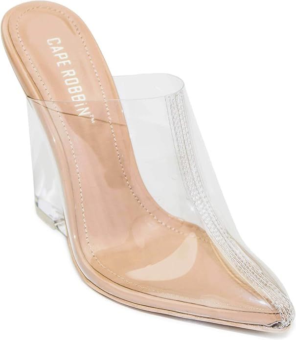 Cape Robbin Women's Sugar Transparent Lucite Clear Wedge Heel PVC Closed Toe Slip On Mules | Amazon (US)