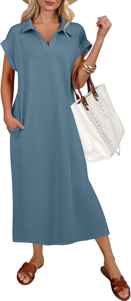 ANRABESS Womens Summer Casual Midi Dresses Short Sleeve Polo V Neck Loose Split Wrinkle-Free Beac... | Amazon (US)