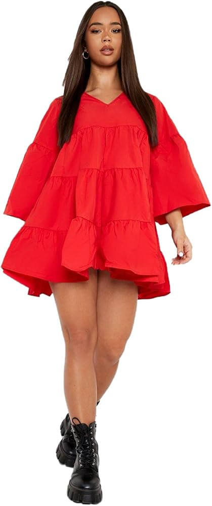 Elina fashion Cotton 3/4 Short Sleeve V-Neck Solid Color,Pleated Flared Skirt Flowy,Casual Dailyw... | Amazon (US)