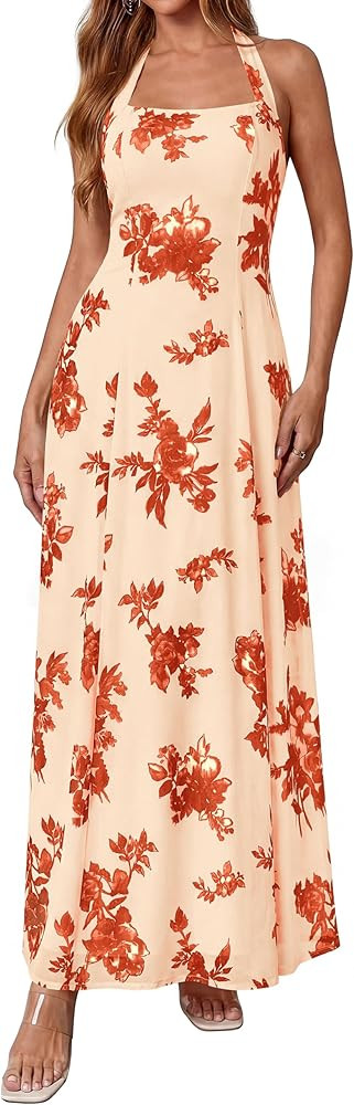 KIRUNDO Women's Summer Sleeveless Halter Floral Maxi Dress 2026 Beach Wedding Guest Cocktail Mesh... | Amazon (US)