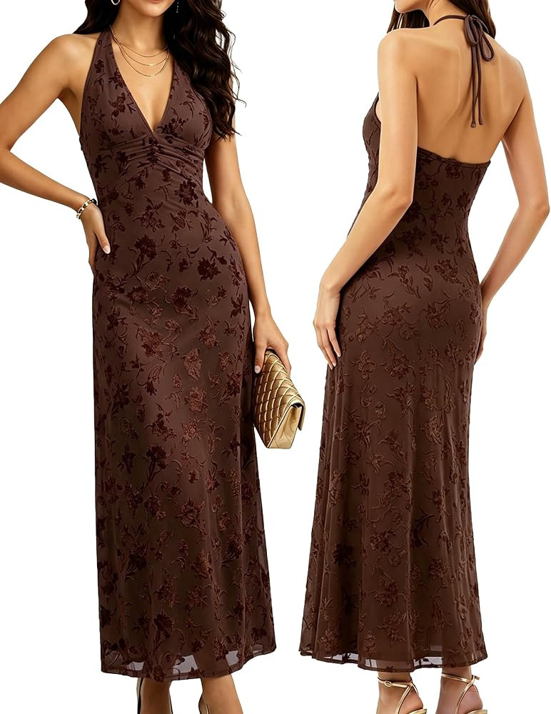 Women's Semi Formal Cocktail Halter Maxi Dress Sleeveless Backless Dress | Amazon (US)