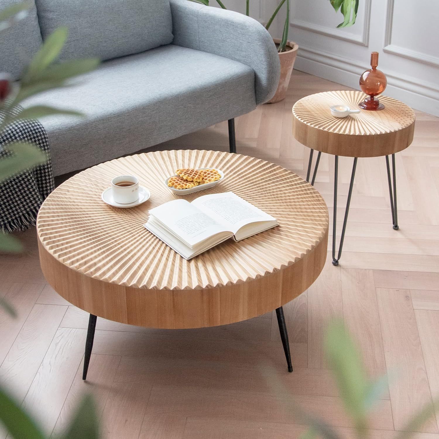 Amazon.com: COZAYH 2-Piece Modern Farmhouse Living Room Coffee Table Set, Nesting Table Round Nat... | Amazon (US)