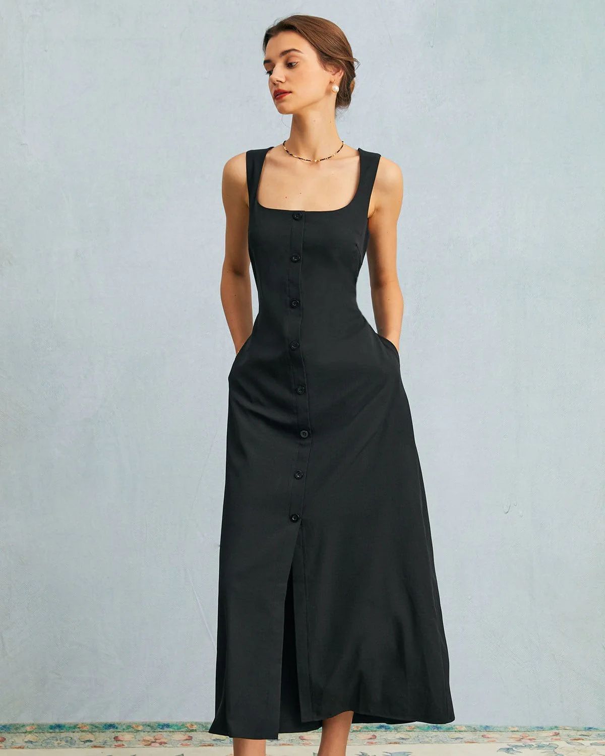 The Black U Neck Tie Back Sleeveless Maxi Dress - Women's Tie Back Sleeveless Maxi Dress - Black ... | rihoas.com