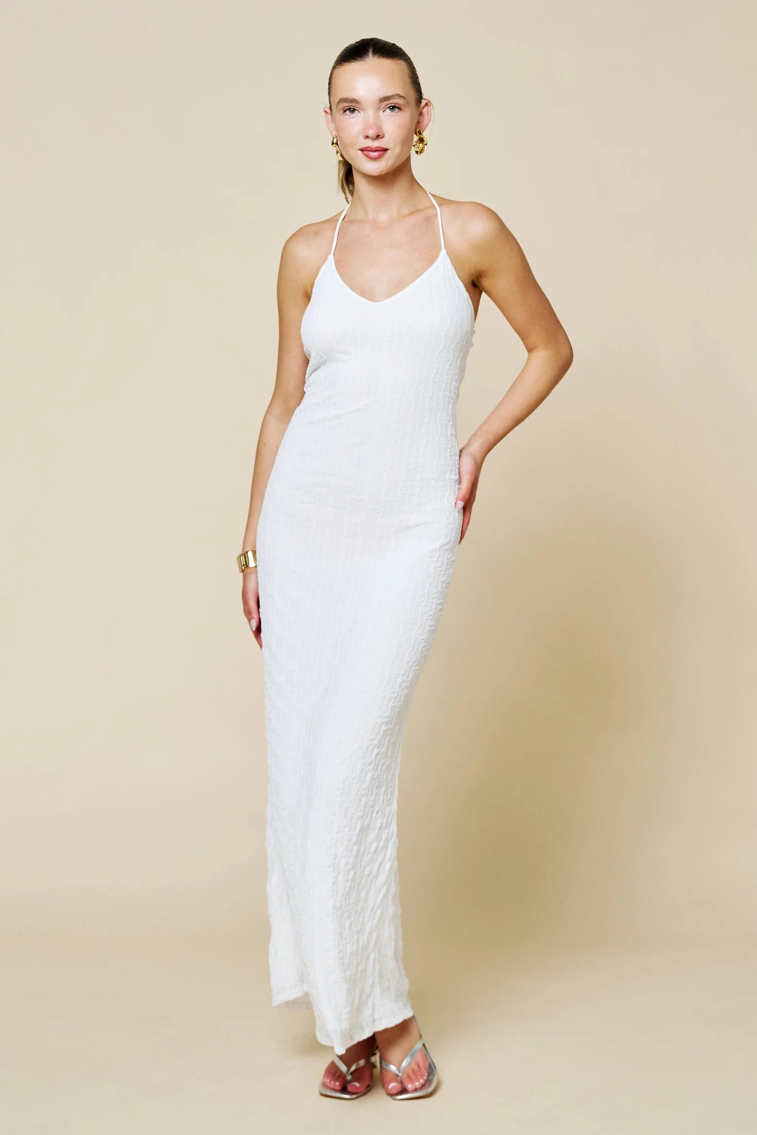 Off White Halter Textured Knit Maxi Dress | PinkBlush Maternity