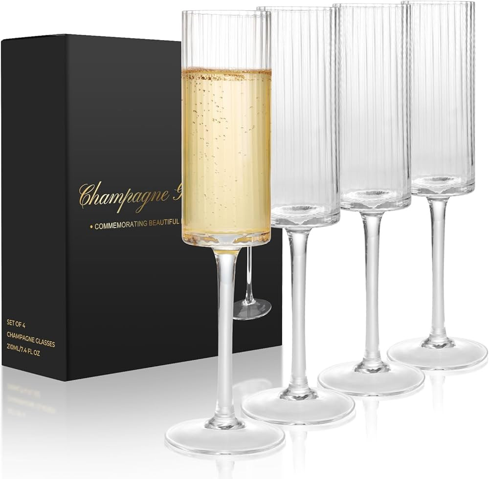 Topsky Ribbed Champagne Flutes Set of 4,7 oz Crystal Champagne Glasses,Vintage Unique Ridged Desi... | Amazon (US)