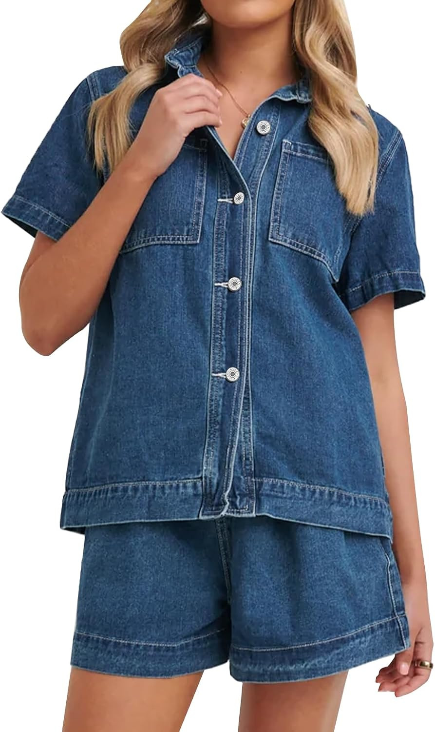 Kedera Summer Denim Set for Women 2 piece Casual Short Sleeve Boxy Shirt Tops and Shorts Pants Lounge Sets Outfits | Amazon (US)