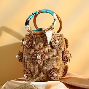 NIBD Flower Pearls Rattan Tote Bag Summer Beach Drawstring Straw Bucket Bag Diamonds Woven Handba... | Amazon (US)