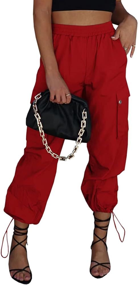 Hyujoda Parachute Pants for Women, Elastic High Waist Y2k Cargo Pants Women Baggy with 4 Pockets | Amazon (US)