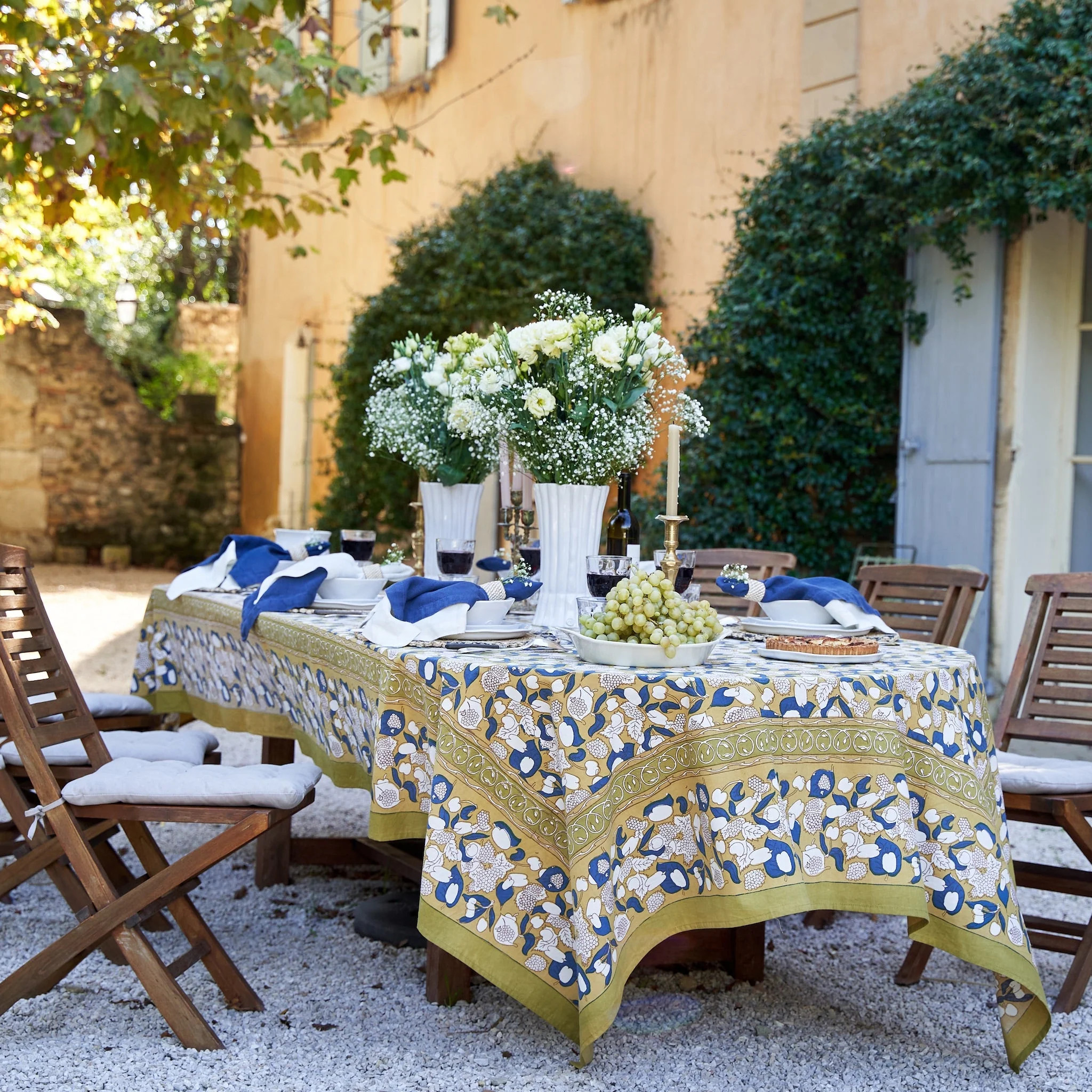 French Tablecloth Forest Harvest Mustard & Blue | Couleur Nature