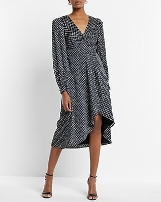 Satin Printed Long Sleeve Twist Front Hi-Lo Midi Dress | Express