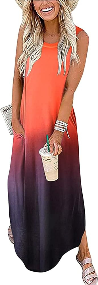 CHUNTIANRAN Women's Summer Maxi Dress Casual Loose Sundress Long Dress Sleeveless Vacation Beach ... | Amazon (US)