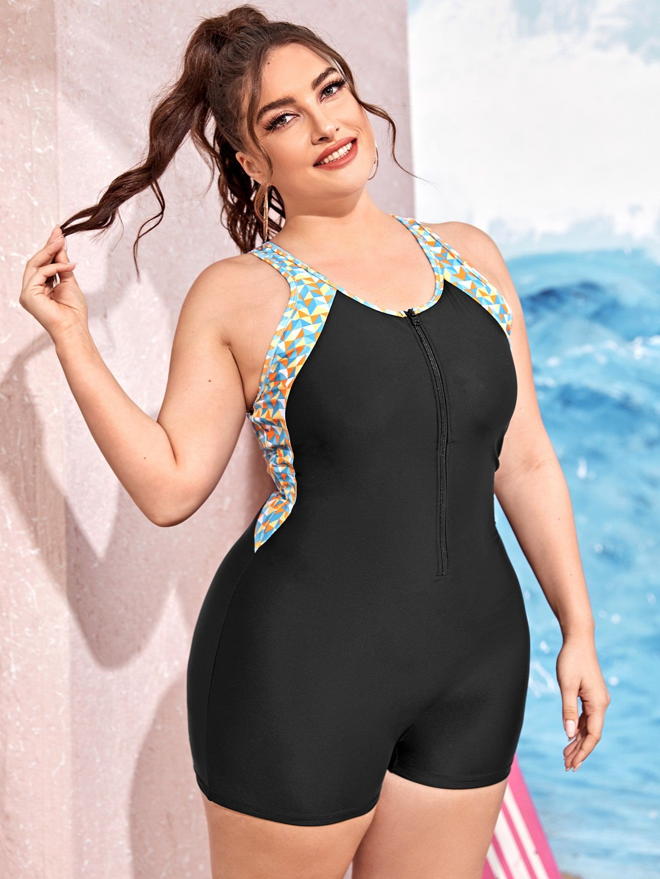 Plus Geo Print Zip-up One Piece Swimsuit | SHEIN
