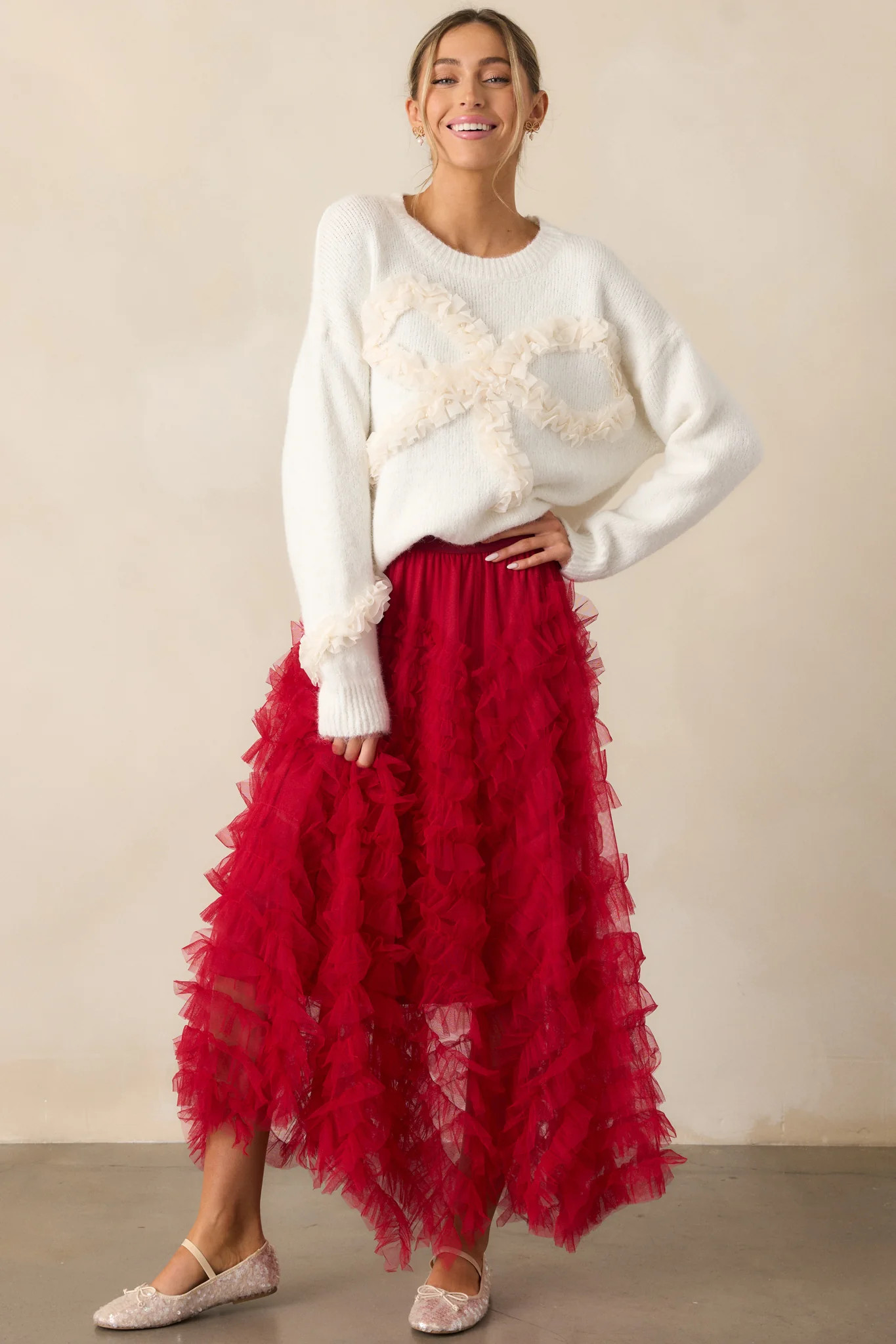 Shopping Spree Red Tulle Midi Skirt | Red Dress