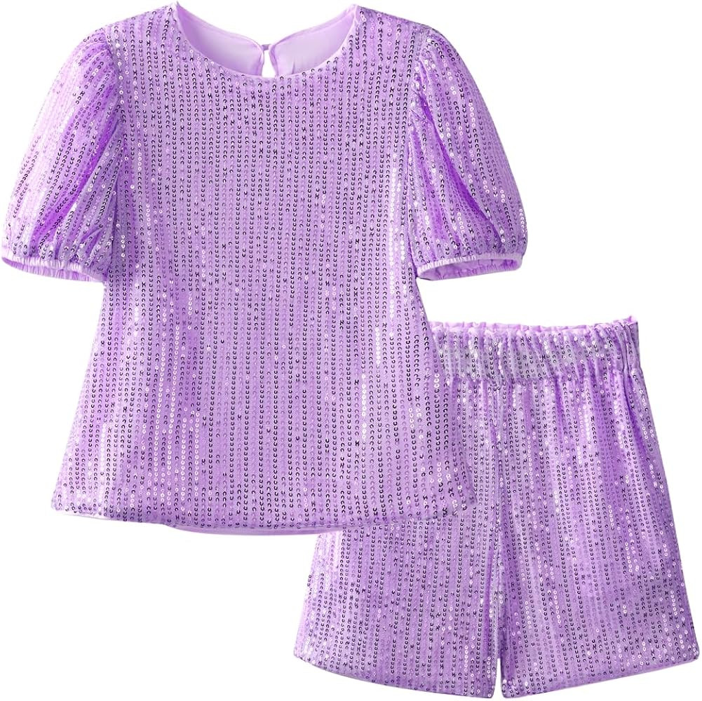 WELAKEN Girls 2 Piece Sequin Party Outfits – Puff Sleeve Shirt Blouses and Shorts Set with Pock... | Amazon (US)
