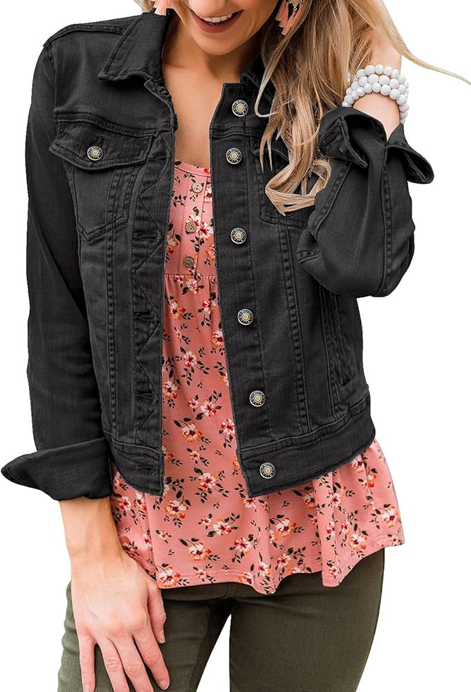 LookbookStore Women's Basic Long Sleeves Button Down Fitted Denim Jean Jackets | Amazon (US)