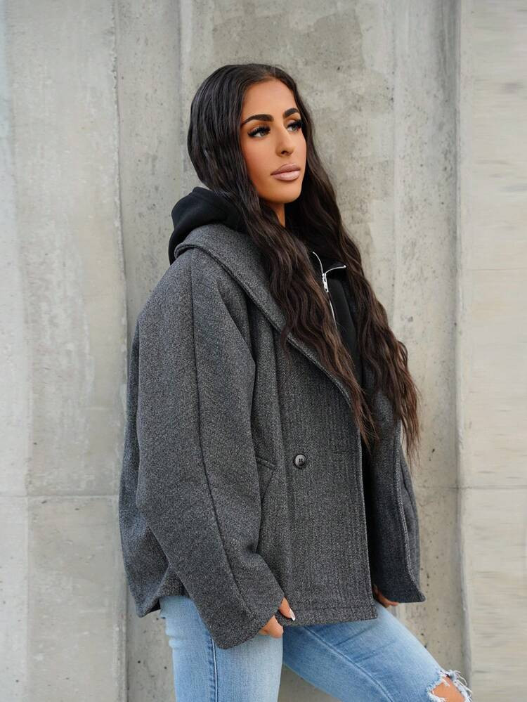 SAYEHFBABY New Arrival Gray Elegant Lapel Coat, Warm For Fall & Winter,Casual,Long Sleeve | SHEIN