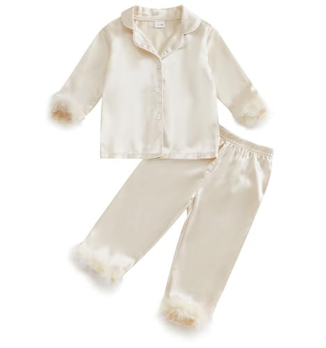 Qiylii 2-Piece Baby Girl Satin Pajamas Feather Trim Button-Up Pajamas Sleeper Silk Shirt Pant Toddler Long Pajamas Nightgown (Champagne, 18-24 Months) | Amazon (US)