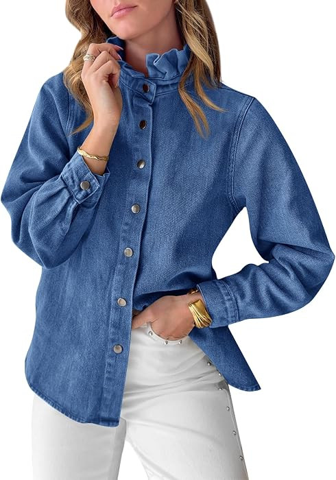 Tankaneo Womens Denim Button Down Shirts Long Sleeve Ruffle Collar Blouses | Amazon (US)