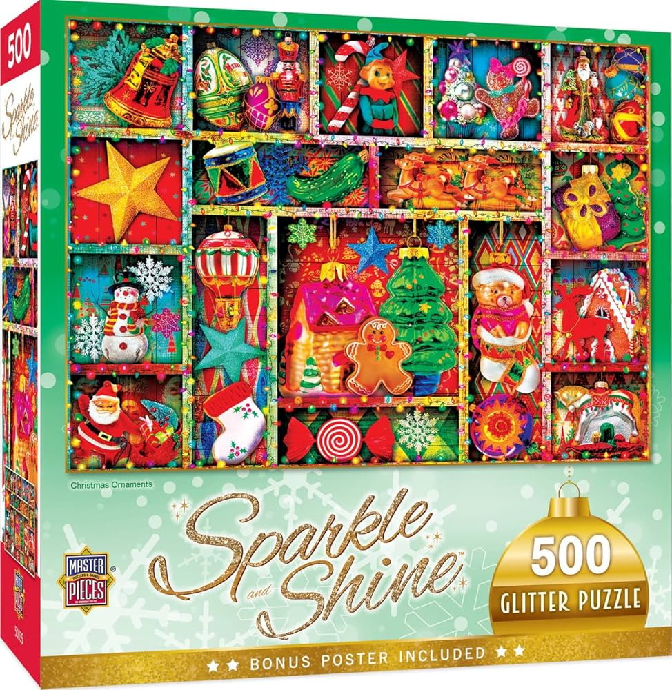 Baby Fanatic MasterPieces 500 Piece Glitter Jigsaw Puzzle - Christmas Ornaments - 15"x21" | Amazon (US)