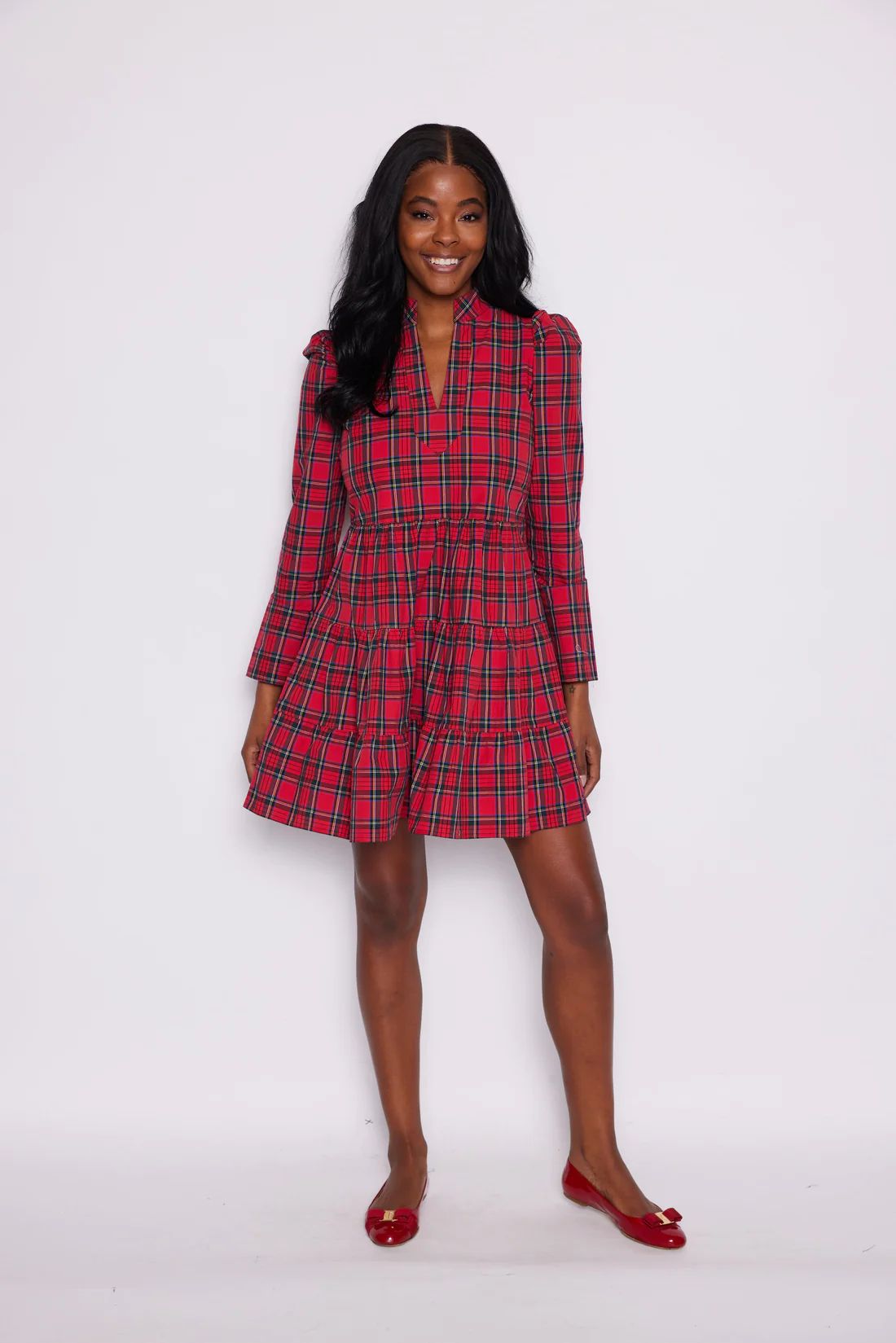 Red Tartan Long Sleeve Tunic Flare Dress | Sail to Sable