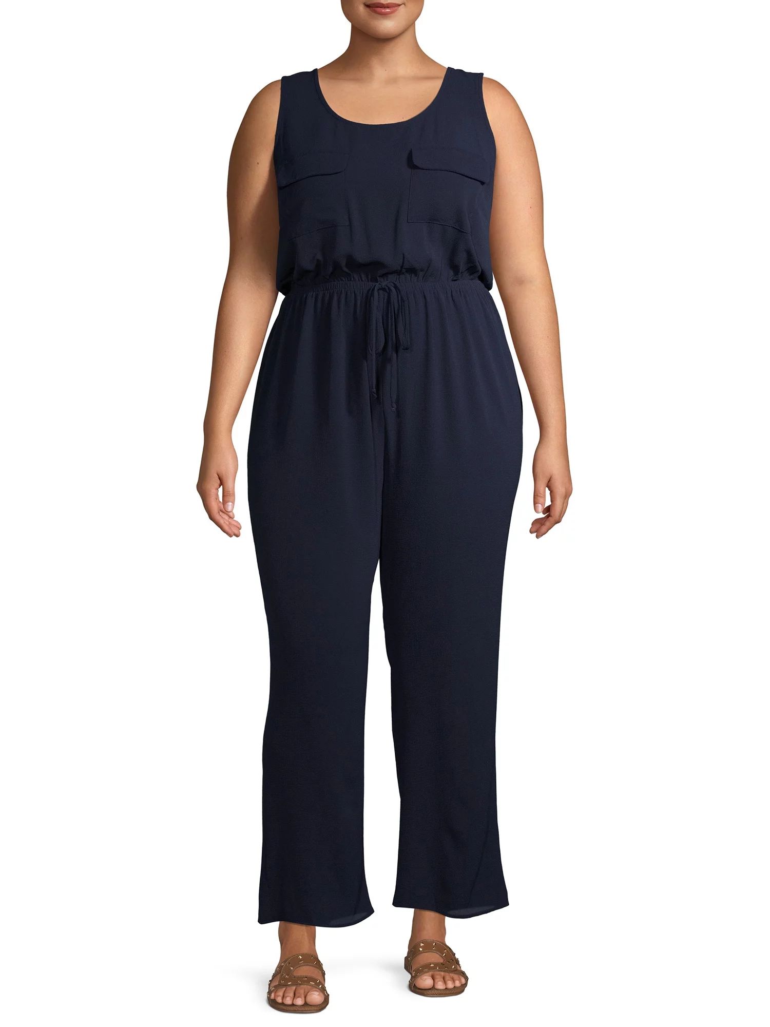 Monteau Women's Plus Size Sleeveless Wide Leg Jumpsuit with Drawstring Waist | Walmart (US)