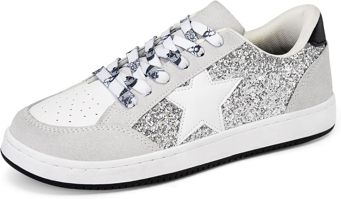 Women's Sparkly Star Fashion Sneakers Glitter Wedding Walking Casual Non Slip Retro Leather Shoes | Amazon (US)