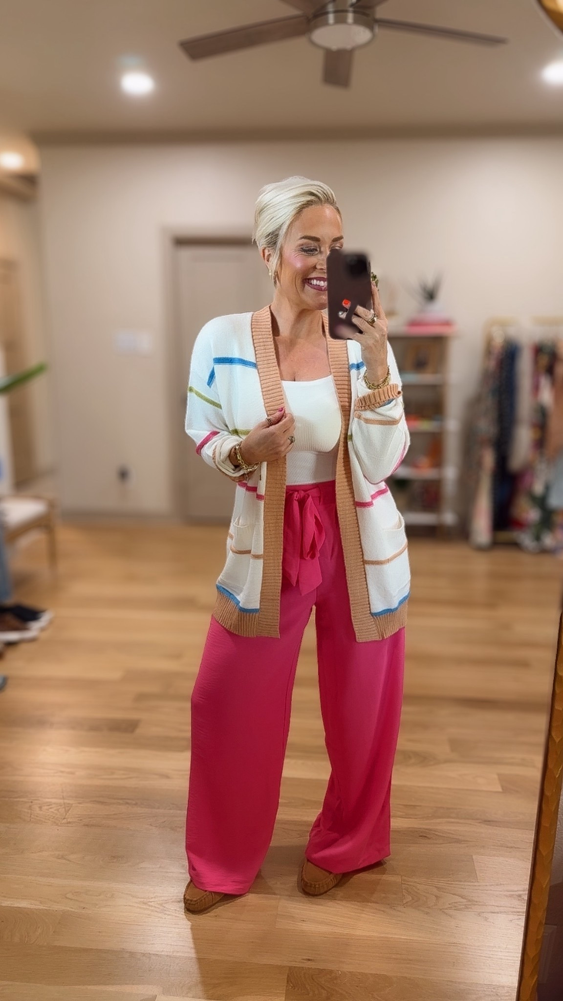 Love this striped cardigan with these pink pants! Size small in both 