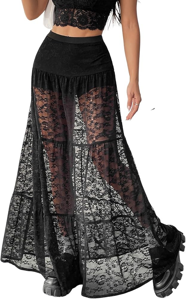 Verdusa Women's Sheer Lace Flowy Maxi Skirt Vintage High Waist A Line Long Skirts with Shorts | Amazon (US)