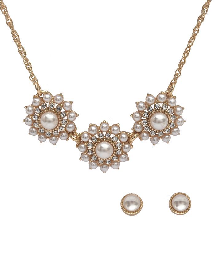 Charter Club Gold-Tone Pavé & Imitation Pearl Cluster Statement Necklace & Stud Earrings Set, Cr... | Macys (US)