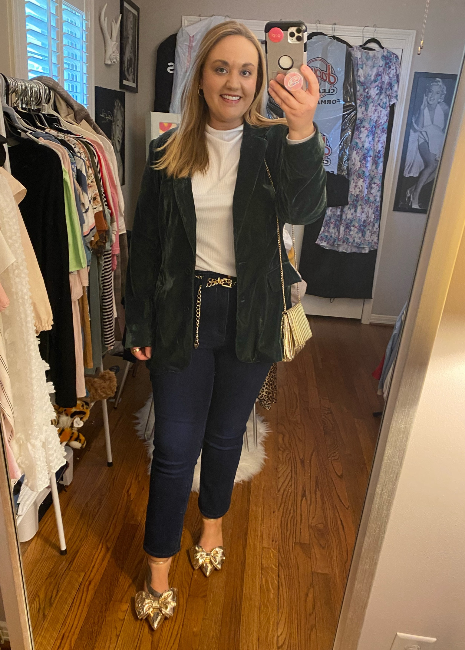 Church outfit, gold chain belt, 
ribbed tee, mock neck tee, 
green blazer, velvet blazer, 
gold handbag, gold purse, 
gold bow heels, layering tee, 
target outfit, target style, casual Friday, business casual, work outfitt

#LTKFindsUnder50 #LTKMidsize #LTKWorkwear