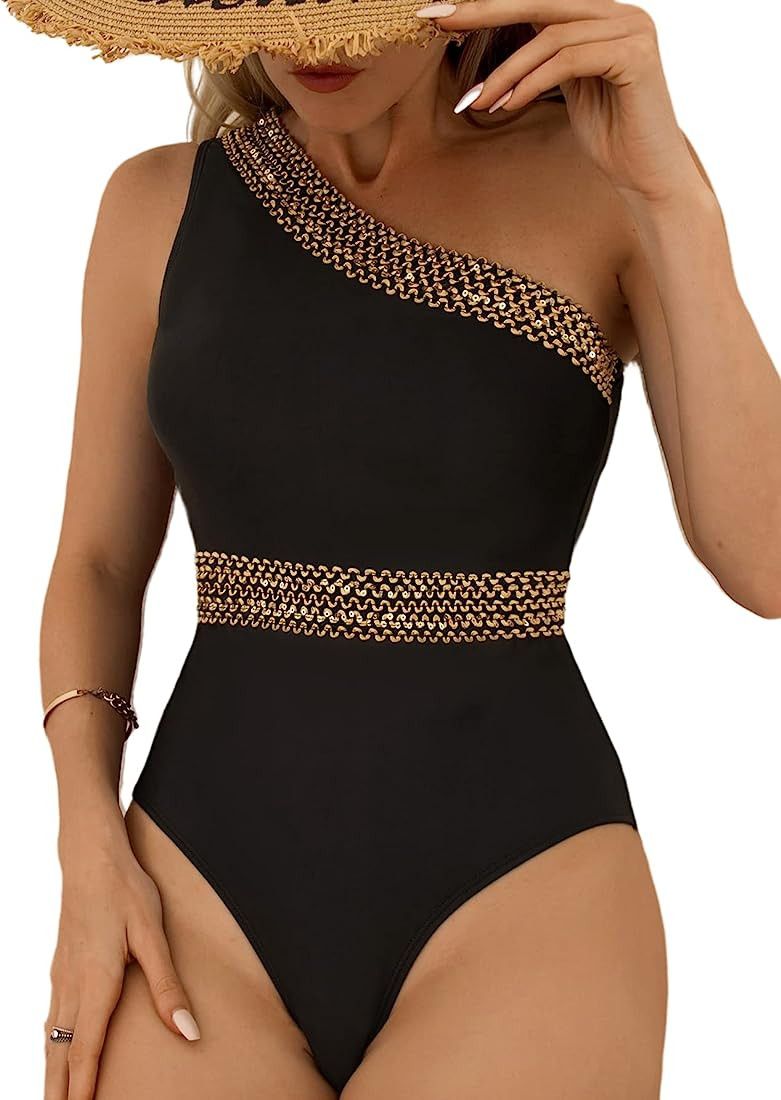 MakeMeChic Women's One Piece Bathing Suit One Shoulder Contrast Trim One Piece Swimsuit | Amazon (US)