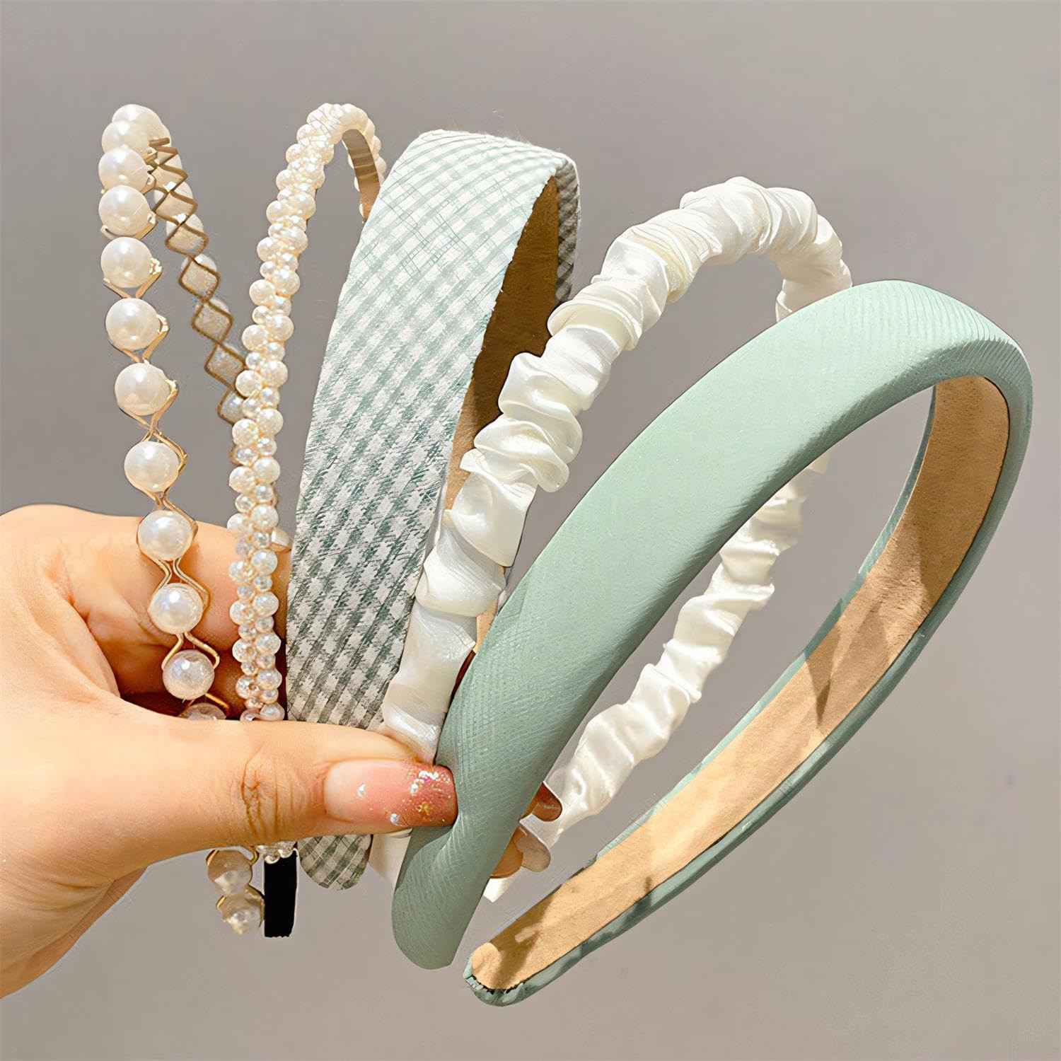 Fashion Headbands for Women Girls Headbands Set, 5pcs Pearl Headband Floral Head bands Padded Headbands for Women Vintage Wide Headband (Green) | Amazon (US)