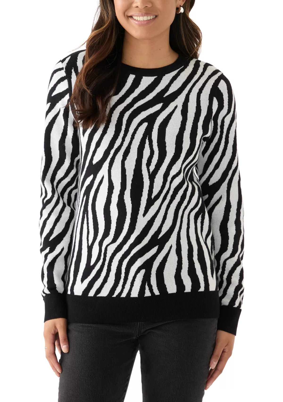 Kim Rogers®Women's Crew Neck Jacquard Knit Zebra Printed Sweater | Belk
