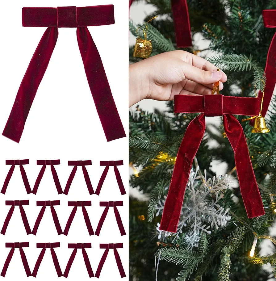 12 Pcs Burgundy Velvet Ribbon Bows Christmas Tree Ornaments Vintage Wine Red Velvet Bows for Tree... | Amazon (US)