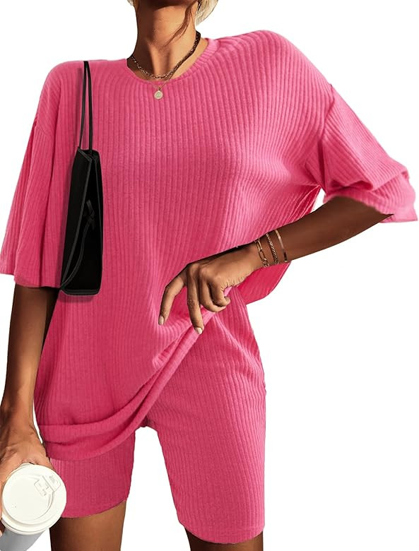 Ekouaer Pajamas 2 Piece Lounge Sets Ribbed Knit Matching Outfits T-shirt Biker Shorts Sleepwear L... | Amazon (US)